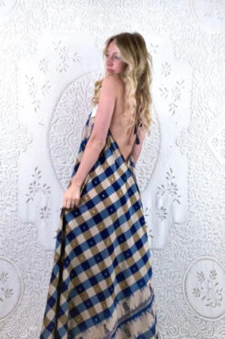 Athena Maxi Dress - Vintage Sari - Fawn & Navy Blue Gingham - S - L/XL 5 Athena Maxi Dress - Vintage Sari - Fawn & Navy Blue Gingham - S - L/XL -KIKIS Clothing Shop floaty strappy halter neck recycled vintage indian sari strappy maxi sundress dress boho hippie chic party all about audrey 14