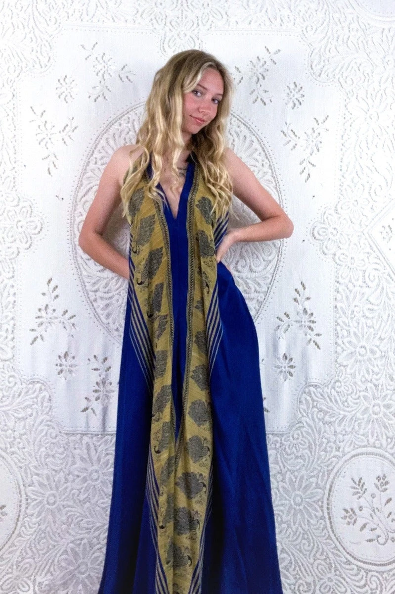 Athena Maxi Dress - Vintage Sari - Midnight Blue & Champagne Peacock Print - XS - S/M 3 Athena Maxi Dress - Vintage Sari - Midnight Blue & Champagne Peacock Print - XS - S/M - Image 3