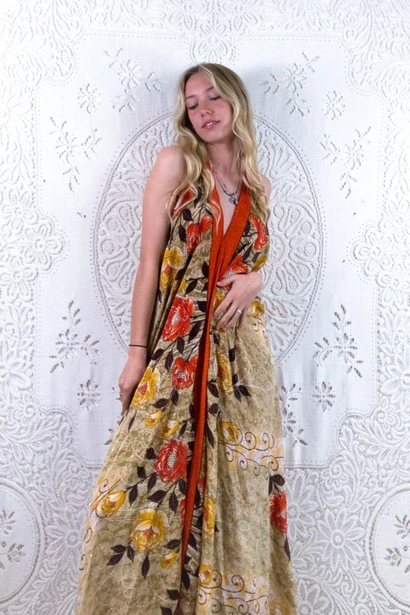 Athena Maxi Dress - Vintage Sari - Embellished Burnt Orange & Sage Floral - S - L/XL 1 Athena Maxi Dress - Vintage Sari - Embellished Burnt Orange & Sage Floral - S - L/XL