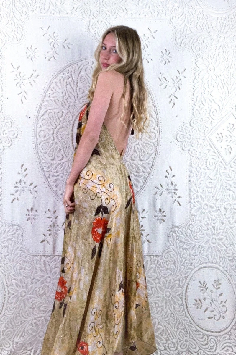 Athena Maxi Dress - Vintage Sari - Embellished Burnt Orange & Sage Floral - S - L/XL 3 Athena Maxi Dress - Vintage Sari - Embellished Burnt Orange & Sage Floral - S - L/XL - Image 3