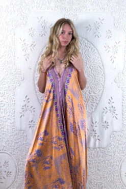 Athena Maxi Dress - Vintage Sari - Apricot & Lavender Floral - XXL