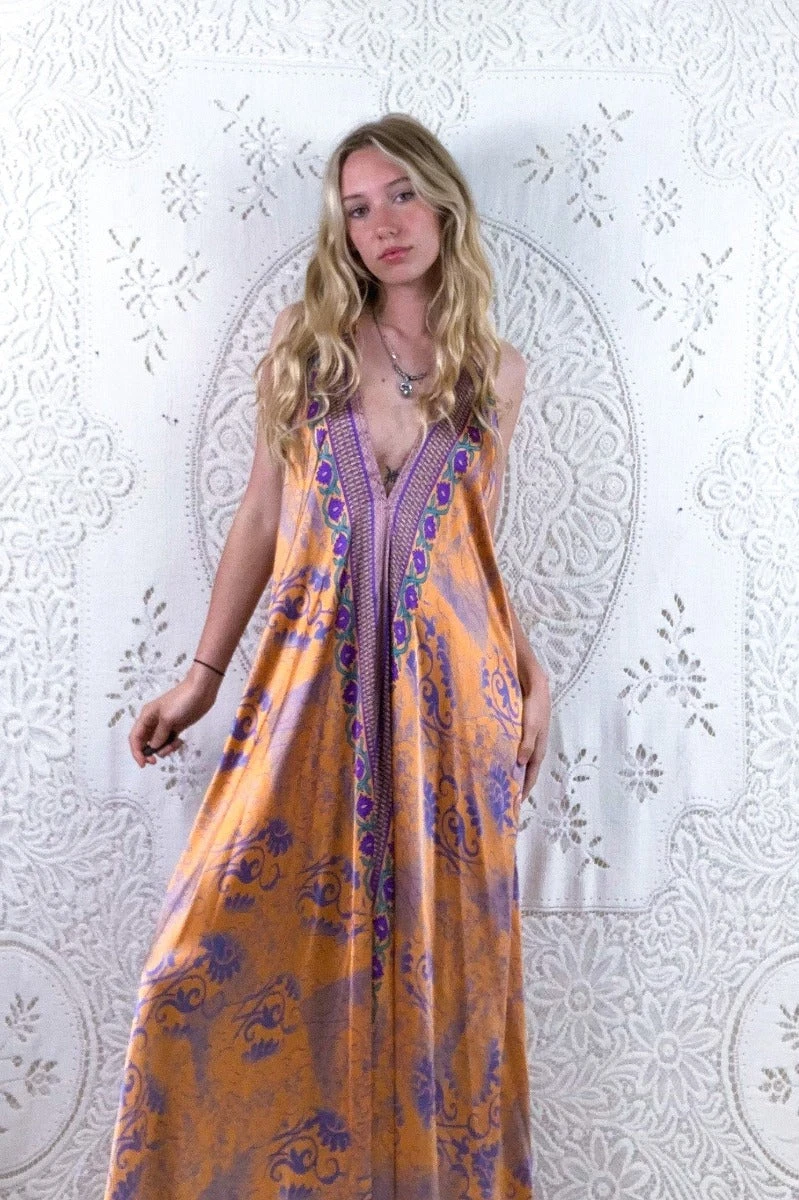 Athena Maxi Dress - Vintage Sari - Apricot & Lavender Floral - XXL 2 Athena Maxi Dress - Vintage Sari - Apricot & Lavender Floral - XXL - Image 2