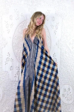 Athena Maxi Dress - Vintage Sari - Fawn & Navy Blue Gingham - S - L/XL