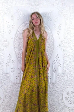 Athena Maxi Dress - Vintage Sari - Mustard Yellow Dancing Figures - XS - S/M