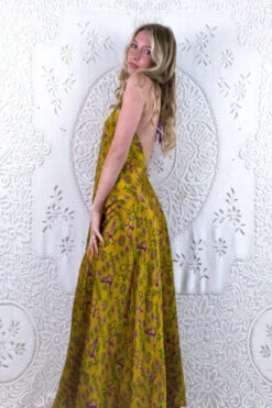 Athena Maxi Dress - Vintage Sari - Mustard Yellow Dancing Figures - XS - S/M -KIKIS Clothing Shop floaty strappy halter neck recycled vintage indian sari strappy maxi sundress dress boho hippie chic party all about audrey 155