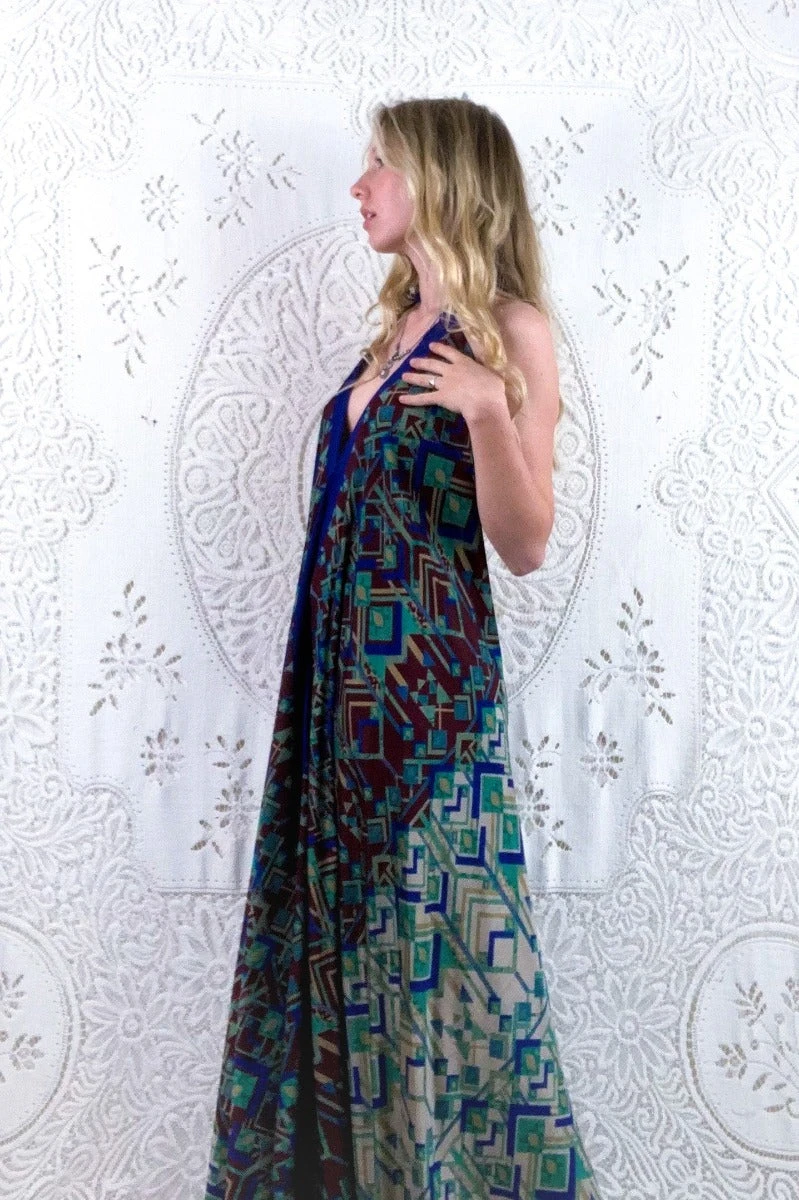 Athena Maxi Dress - Vintage Sari - Sand & Burgundy Tile Mosaic - XL/XXL 3 Athena Maxi Dress - Vintage Sari - Sand & Burgundy Tile Mosaic - XL/XXL - Image 3