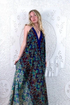 Athena Maxi Dress - Vintage Sari - Sand & Burgundy Tile Mosaic - XL/XXL