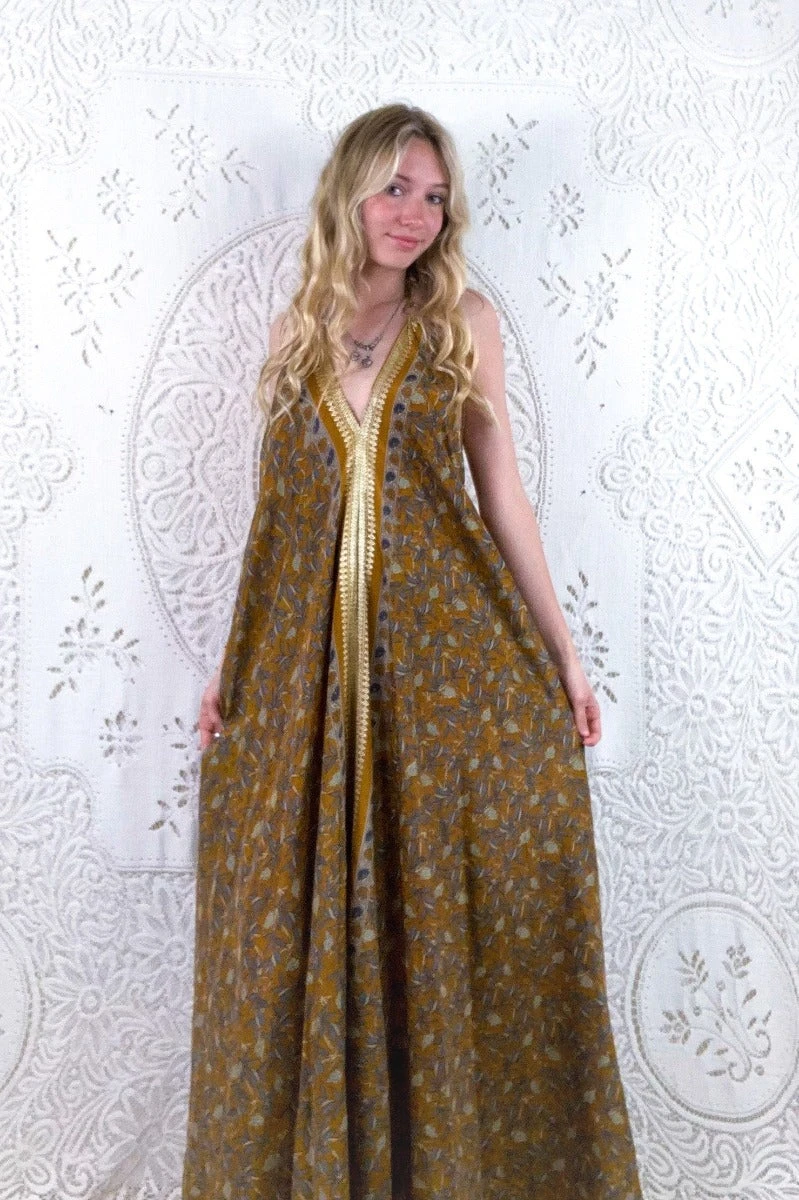Athena Maxi Dress - Vintage Sari - Ochre Yellow Botanical Print - S - L/XL 2 Athena Maxi Dress - Vintage Sari - Ochre Yellow Botanical Print - S - L/XL - Image 2