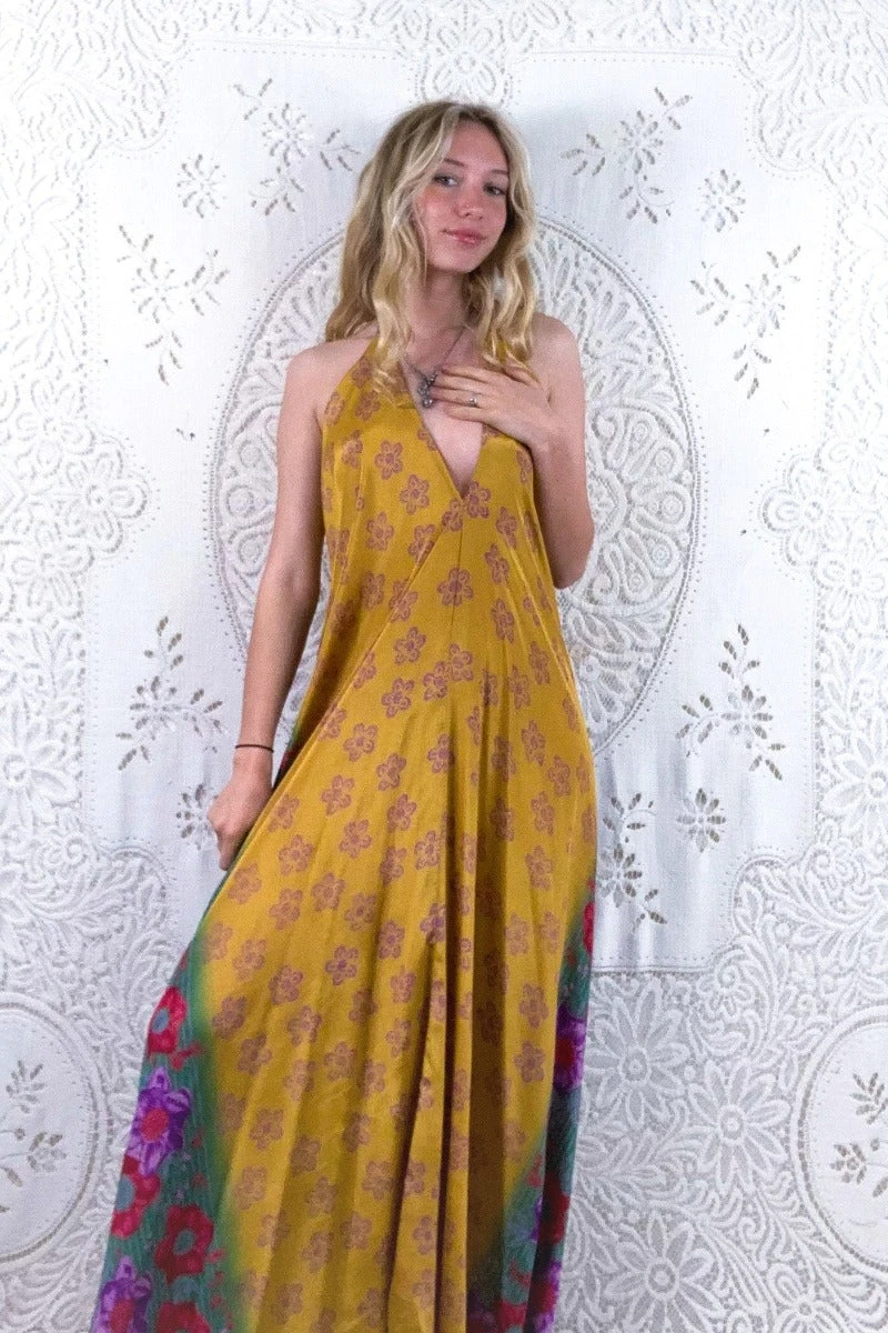 Athena Maxi Dress - Vintage Sari - Honey Yellow Daisy Meadow Floral - S - L/XL 1 Athena Maxi Dress - Vintage Sari - Honey Yellow Daisy Meadow Floral - S - L/XL