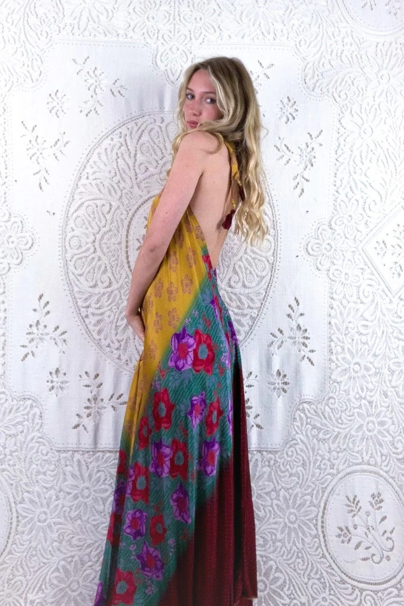 Athena Maxi Dress - Vintage Sari - Honey Yellow Daisy Meadow Floral - S - L/XL 2 Athena Maxi Dress - Vintage Sari - Honey Yellow Daisy Meadow Floral - S - L/XL - Image 2