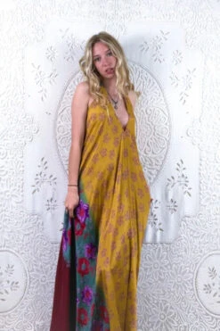 Athena Maxi Dress - Vintage Sari - Honey Yellow Daisy Meadow Floral - S - L/XL 7 Athena Maxi Dress - Vintage Sari - Honey Yellow Daisy Meadow Floral - S - L/XL -KIKIS Clothing Shop floaty strappy halter neck recycled vintage indian sari strappy maxi sundress dress boho hippie chic party all about audrey 164