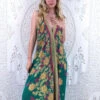 Athena Maxi Dress - Vintage Sari - Juniper Green, Chartreuse & Pink Floral - S/M - XXL