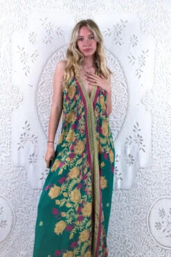 Athena Maxi Dress - Vintage Sari - Juniper Green, Chartreuse & Pink Floral - S/M - XXL