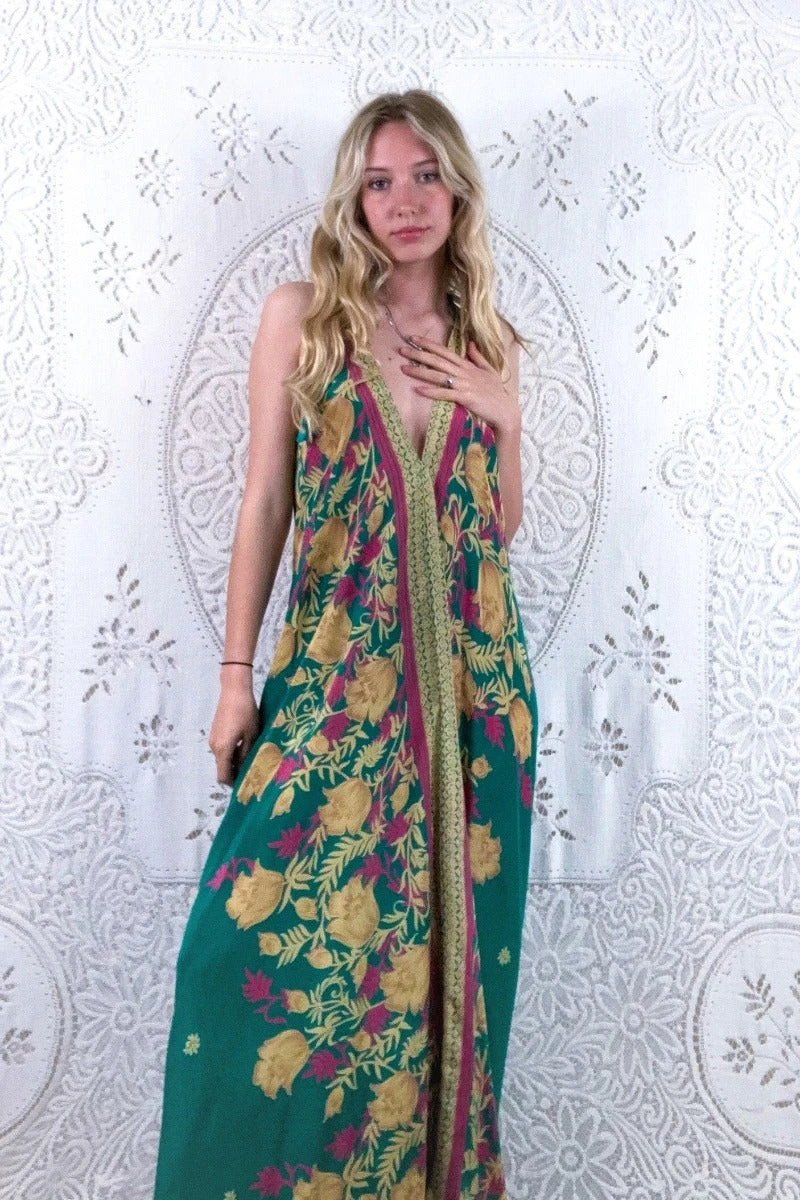 Athena Maxi Dress - Vintage Sari - Juniper Green, Chartreuse & Pink Floral - S/M - XXL 1 Athena Maxi Dress - Vintage Sari - Juniper Green, Chartreuse & Pink Floral - S/M - XXL
