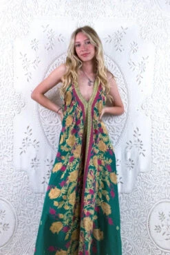 Athena Maxi Dress - Vintage Sari - Juniper Green, Chartreuse & Pink Floral - S/M - XXL 6 Athena Maxi Dress - Vintage Sari - Juniper Green, Chartreuse & Pink Floral - S/M - XXL -KIKIS Clothing Shop floaty strappy halter neck recycled vintage indian sari strappy maxi sundress dress boho hippie chic party all about audrey 166