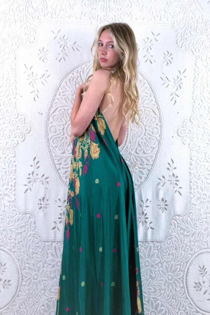 Athena Maxi Dress - Vintage Sari - Juniper Green, Chartreuse & Pink Floral - S/M - XXL 2 Athena Maxi Dress - Vintage Sari - Juniper Green, Chartreuse & Pink Floral - S/M - XXL - Image 2