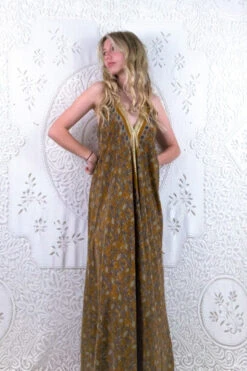 Athena Maxi Dress - Vintage Sari - Ochre Yellow Botanical Print - S - L/XL