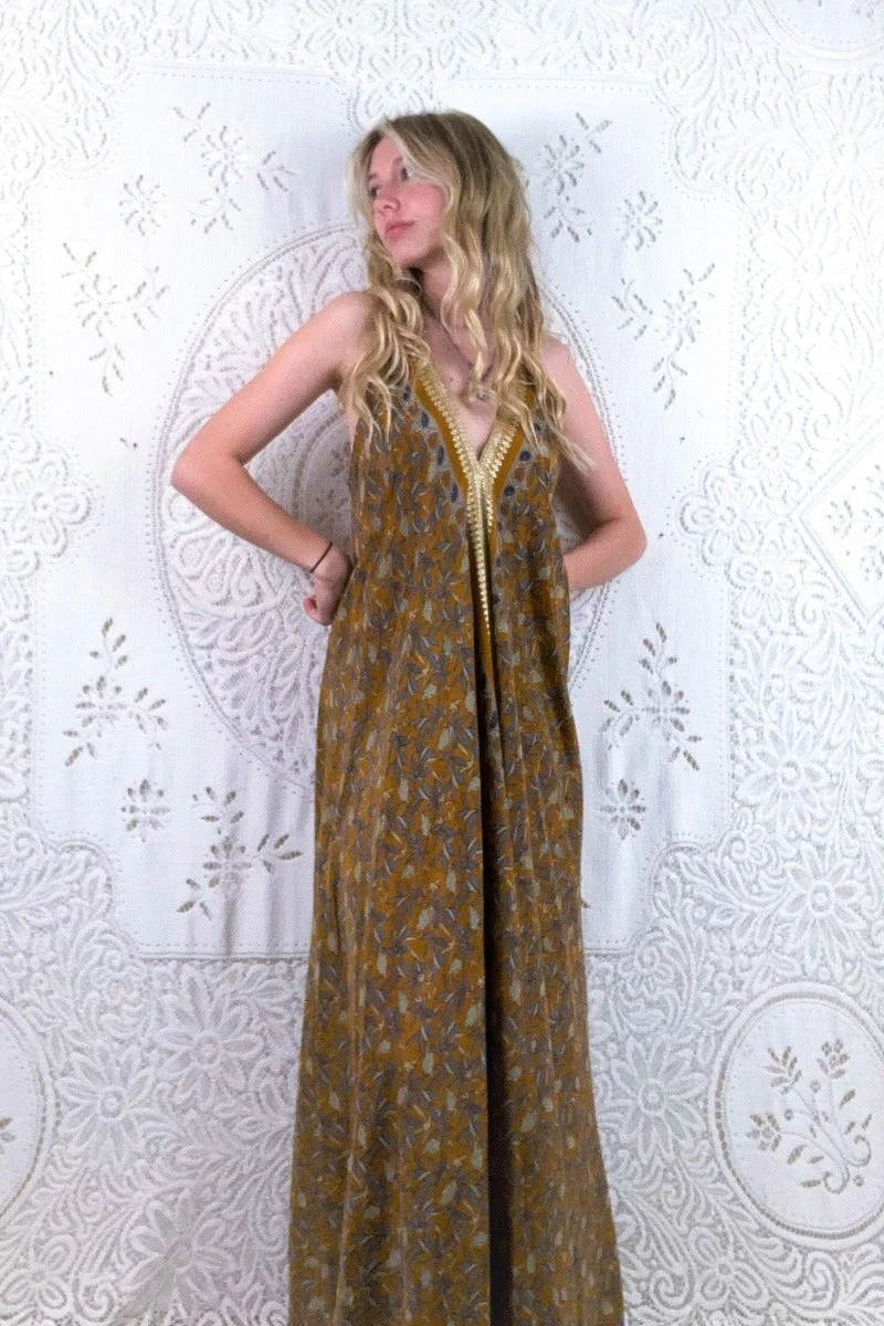 Athena Maxi Dress - Vintage Sari - Ochre Yellow Botanical Print - S - L/XL 1 Athena Maxi Dress - Vintage Sari - Ochre Yellow Botanical Print - S - L/XL