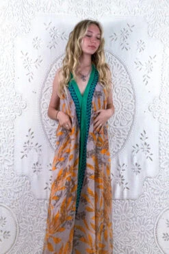 Athena Maxi Dress - Vintage Sari - Seafoam, Slate & Orange Leaf Print - M - XXL 6 Athena Maxi Dress - Vintage Sari - Seafoam, Slate & Orange Leaf Print - M - XXL -KIKIS Clothing Shop floaty strappy halter neck recycled vintage indian sari strappy maxi sundress dress boho hippie chic party all about audrey 171