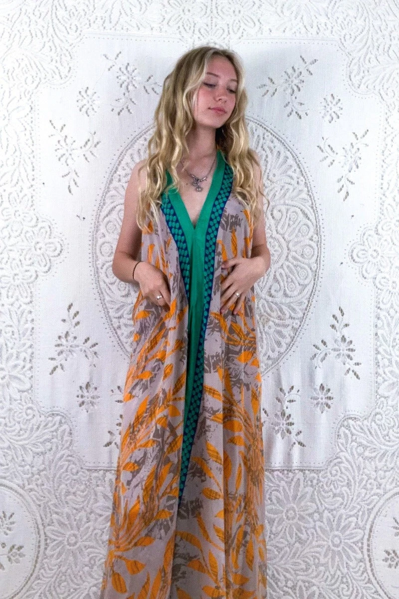 Athena Maxi Dress - Vintage Sari - Seafoam, Slate & Orange Leaf Print - M - XXL 3 Athena Maxi Dress - Vintage Sari - Seafoam, Slate & Orange Leaf Print - M - XXL - Image 3