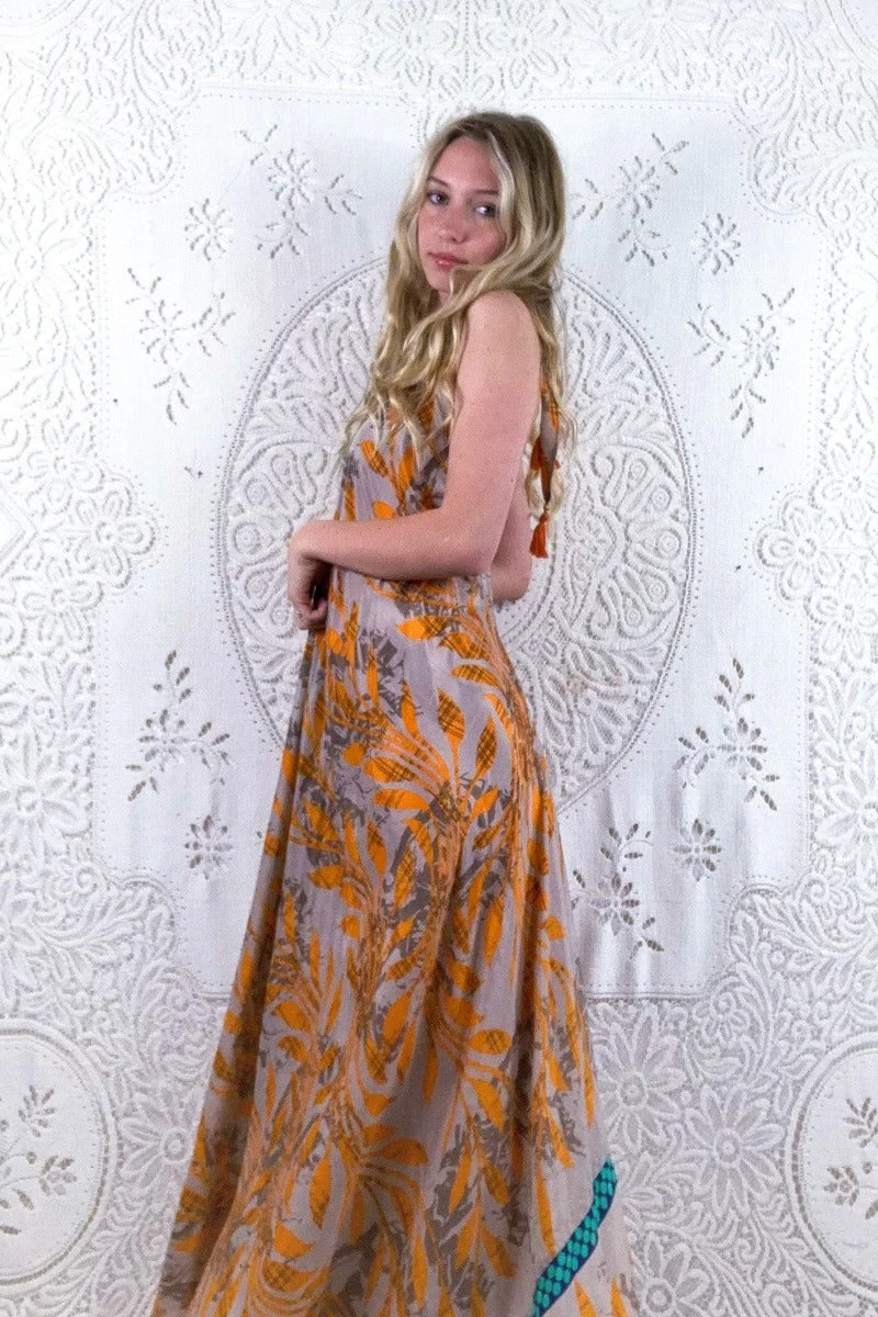Athena Maxi Dress - Vintage Sari - Seafoam, Slate & Orange Leaf Print - M - XXL 2 Athena Maxi Dress - Vintage Sari - Seafoam, Slate & Orange Leaf Print - M - XXL - Image 2
