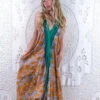 Athena Maxi Dress - Vintage Sari - Seafoam, Slate & Orange Leaf Print - M - XXL