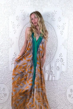 Athena Maxi Dress - Vintage Sari - Seafoam, Slate & Orange Leaf Print - M - XXL