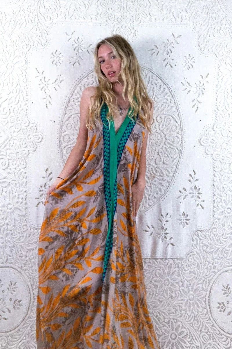 Athena Maxi Dress - Vintage Sari - Seafoam, Slate & Orange Leaf Print - M - XXL 1 Athena Maxi Dress - Vintage Sari - Seafoam, Slate & Orange Leaf Print - M - XXL