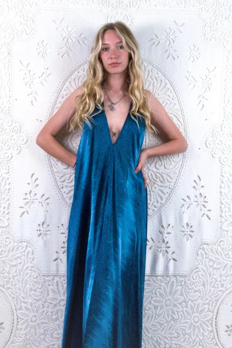 Athena Maxi Dress - Vintage Sari - Marine Blue & Blush Floral - M - XXL 2 Athena Maxi Dress - Vintage Sari - Marine Blue & Blush Floral - M - XXL - Image 2