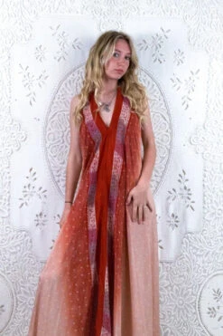 Athena Maxi Dress - Vintage Sari - Dusty Pink & Burnt Orange Fade - XS - L/XL