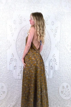 Athena Maxi Dress - Vintage Sari - Ochre Yellow Botanical Print - S - L/XL 5 Athena Maxi Dress - Vintage Sari - Ochre Yellow Botanical Print - S - L/XL -KIKIS Clothing Shop floaty strappy halter neck recycled vintage indian sari strappy maxi sundress dress boho hippie chic party all about audrey 18
