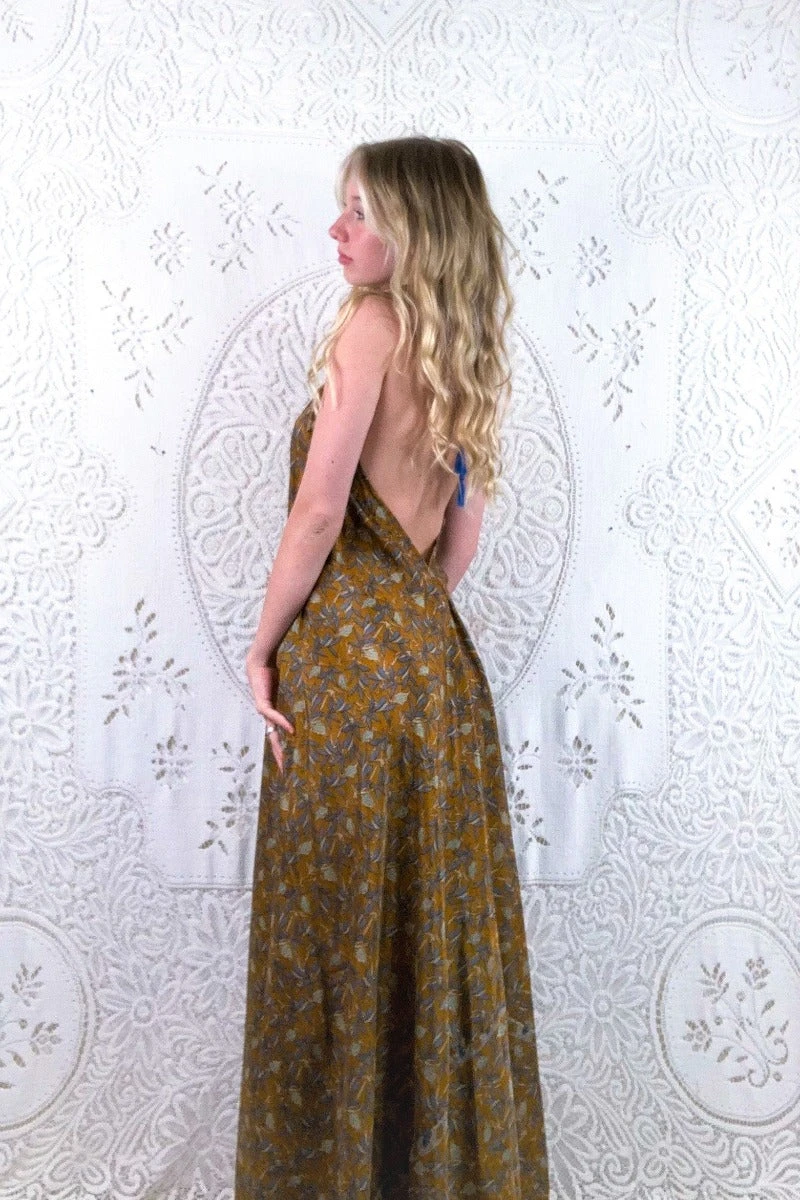 Athena Maxi Dress - Vintage Sari - Ochre Yellow Botanical Print - S - L/XL 3 Athena Maxi Dress - Vintage Sari - Ochre Yellow Botanical Print - S - L/XL - Image 3