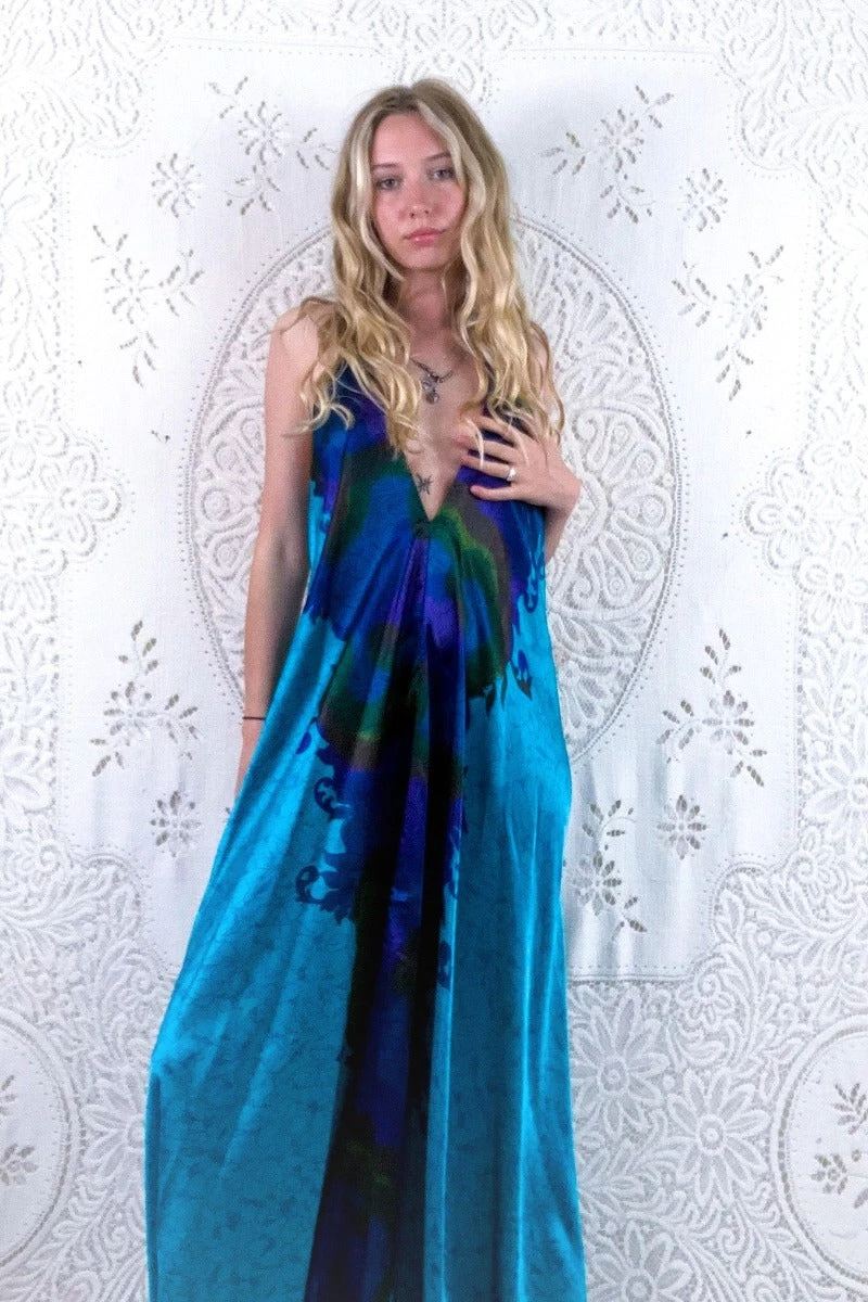 Athena Maxi Dress - Vintage Sari - Aqua & Deep Sea Floral - M - XXL 3 Athena Maxi Dress - Vintage Sari - Aqua & Deep Sea Floral - M - XXL - Image 3