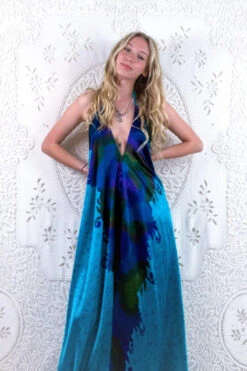 Athena Maxi Dress - Vintage Sari - Aqua & Deep Sea Floral - M - XXL