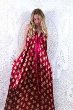Athena Maxi Dress - Vintage Sari - Ruby Red & Gold Floral Motif - M - XXL