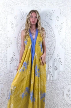 Athena Maxi Dress - Vintage Sari - Buttercup & Blueberry Flower Motif - S/M - L/XL