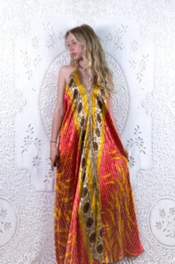 Athena Maxi Dress - Vintage Sari - Rose Red & Mustard Reeds - S - L/XL