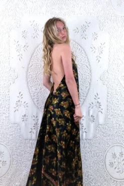 Athena Maxi Dress - Vintage Sari - Phantom Black Jasmine Floral - M - XXL -KIKIS Clothing Shop floaty strappy halter neck recycled vintage indian sari strappy maxi sundress dress boho hippie chic party all about audrey 194