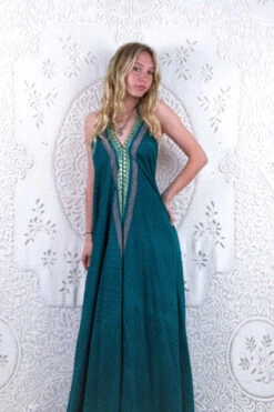 Athena Maxi Dress - Vintage Sari - Embroidered Teal & Blush Motif - XS - S/M -KIKIS Clothing Shop floaty strappy halter neck recycled vintage indian sari strappy maxi sundress dress boho hippie chic party all about audrey 196