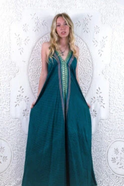 Athena Maxi Dress - Vintage Sari - Embroidered Teal & Blush Motif - XS - S/M
