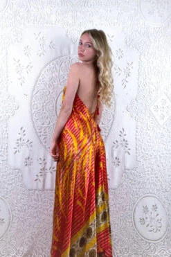 Athena Maxi Dress - Vintage Sari - Rose Red & Mustard Reeds - S - L/XL -KIKIS Clothing Shop floaty strappy halter neck recycled vintage indian sari strappy maxi sundress dress boho hippie chic party all about audrey 20