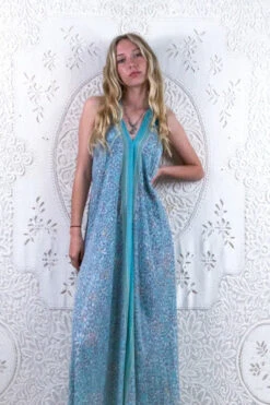 Athena Maxi Dress - Vintage Sari - Powder Blue & Mist Teardrop Jacquard - XS - S/M