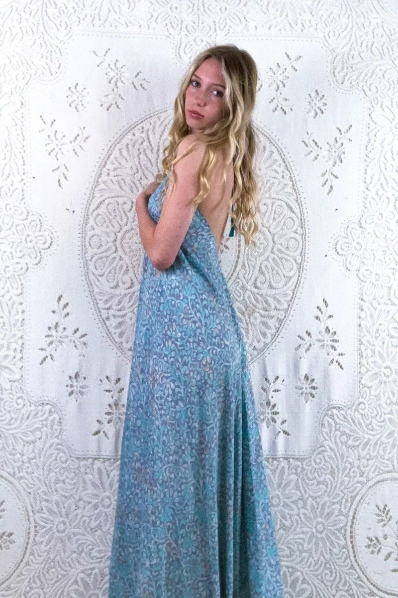 Athena Maxi Dress - Vintage Sari - Powder Blue & Mist Teardrop Jacquard - XS - S/M 2 Athena Maxi Dress - Vintage Sari - Powder Blue & Mist Teardrop Jacquard - XS - S/M - Image 2