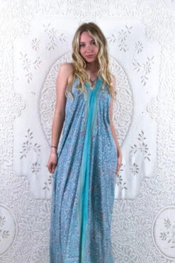 Athena Maxi Dress - Vintage Sari - Powder Blue & Mist Teardrop Jacquard - XS - S/M 5 Athena Maxi Dress - Vintage Sari - Powder Blue & Mist Teardrop Jacquard - XS - S/M -KIKIS Clothing Shop floaty strappy halter neck recycled vintage indian sari strappy maxi sundress dress boho hippie chic party all about audrey 212