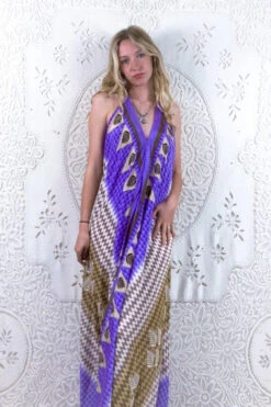 Athena Maxi Dress - Vintage Sari - Lavender & Fawn Fern Chevron Print - XS - M/L -KIKIS Clothing Shop floaty strappy halter neck recycled vintage indian sari strappy maxi sundress dress boho hippie chic party all about audrey 213