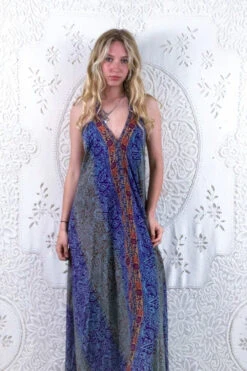 Athena Maxi Dress - Vintage Sari - Aqua, Taupe & Violet Tile Print - Size S/M 6 Athena Maxi Dress - Vintage Sari - Aqua, Taupe & Violet Tile Print - Size S/M -KIKIS Clothing Shop floaty strappy halter neck recycled vintage indian sari strappy maxi sundress dress boho hippie chic party all about audrey 216