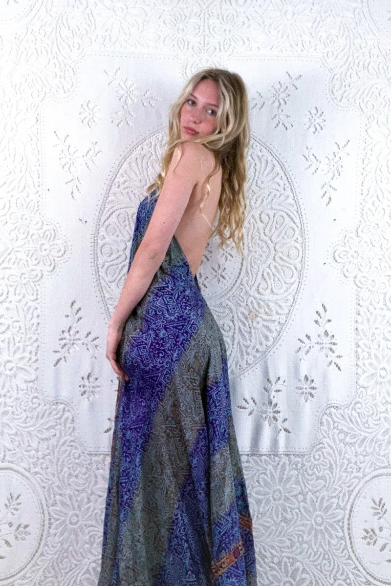 Athena Maxi Dress - Vintage Sari - Aqua, Taupe & Violet Tile Print - Size S/M 2 Athena Maxi Dress - Vintage Sari - Aqua, Taupe & Violet Tile Print - Size S/M - Image 2