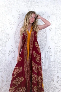 Athena Maxi Dress - Vintage Sari - Ruby Red & Amber Bold Floral - XS - M/L -KIKIS Clothing Shop floaty strappy halter neck recycled vintage indian sari strappy maxi sundress dress boho hippie chic party all about audrey 219
