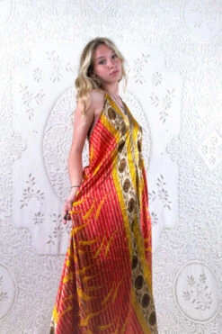 Athena Maxi Dress - Vintage Sari - Rose Red & Mustard Reeds - S - L/XL -KIKIS Clothing Shop floaty strappy halter neck recycled vintage indian sari strappy maxi sundress dress boho hippie chic party all about audrey 22