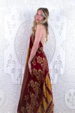 Athena Maxi Dress - Vintage Sari - Ruby Red & Amber Bold Floral - XS - M/L -KIKIS Clothing Shop floaty strappy halter neck recycled vintage indian sari strappy maxi sundress dress boho hippie chic party all about audrey 221